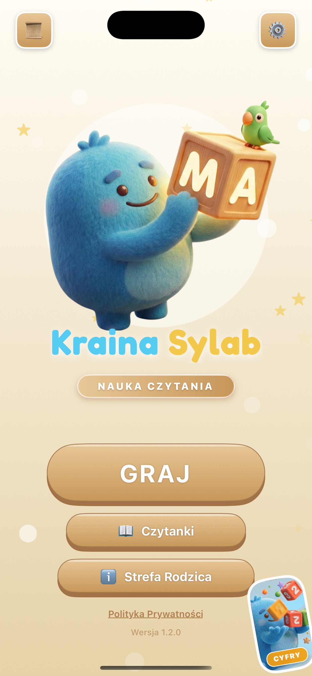 Kraina Sylab - ekran główny aplikacji do nauki czytania metodą sylabową
