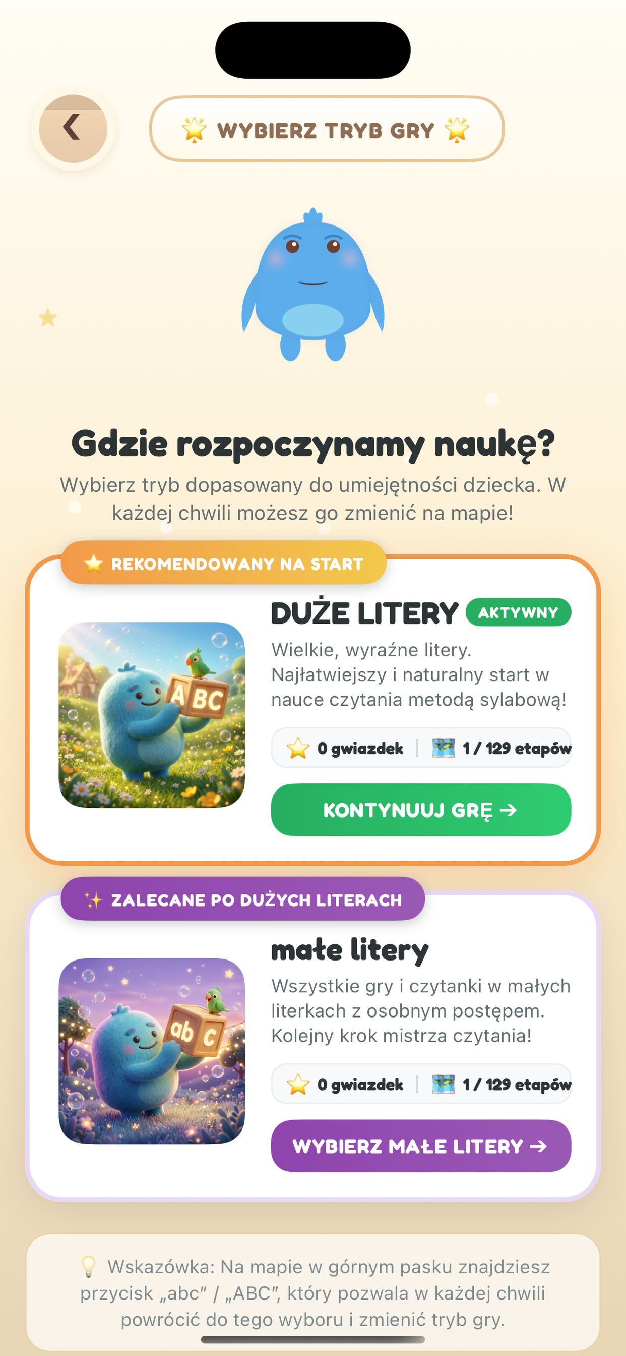 Wybór trybu nauki czytania - duże i małe litery w Krainie Sylab